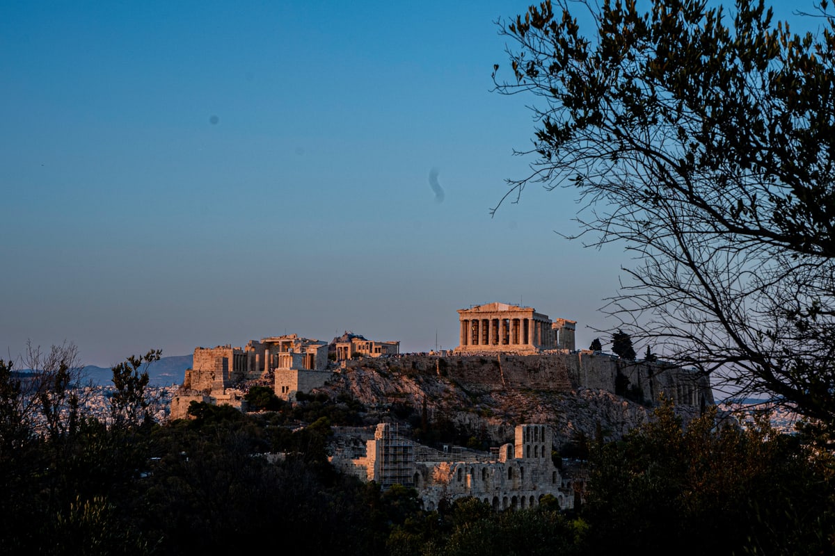 The Acropolis catching the last golden light, framed by olive branches.