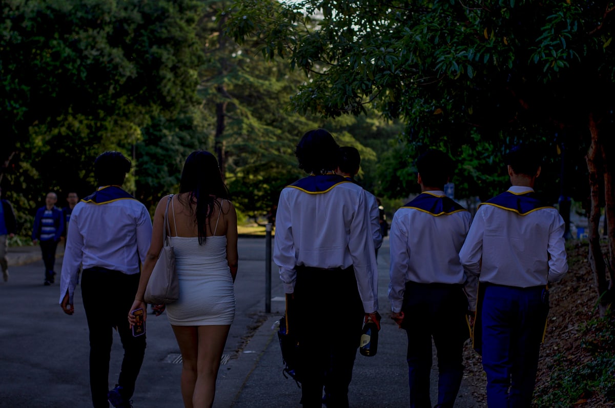 A group of graduates walks away down a tree-lined path in the evening light.