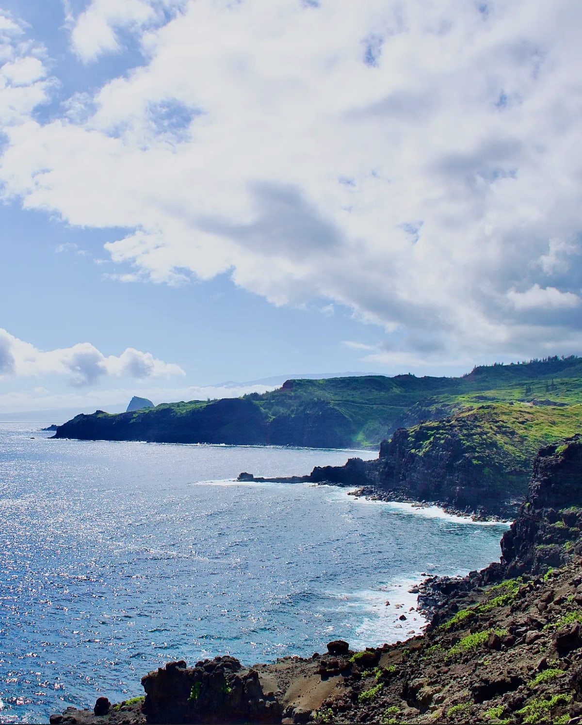 Green headlands and dark lava cliffs stretch along Maui's coastline under big clouds.
